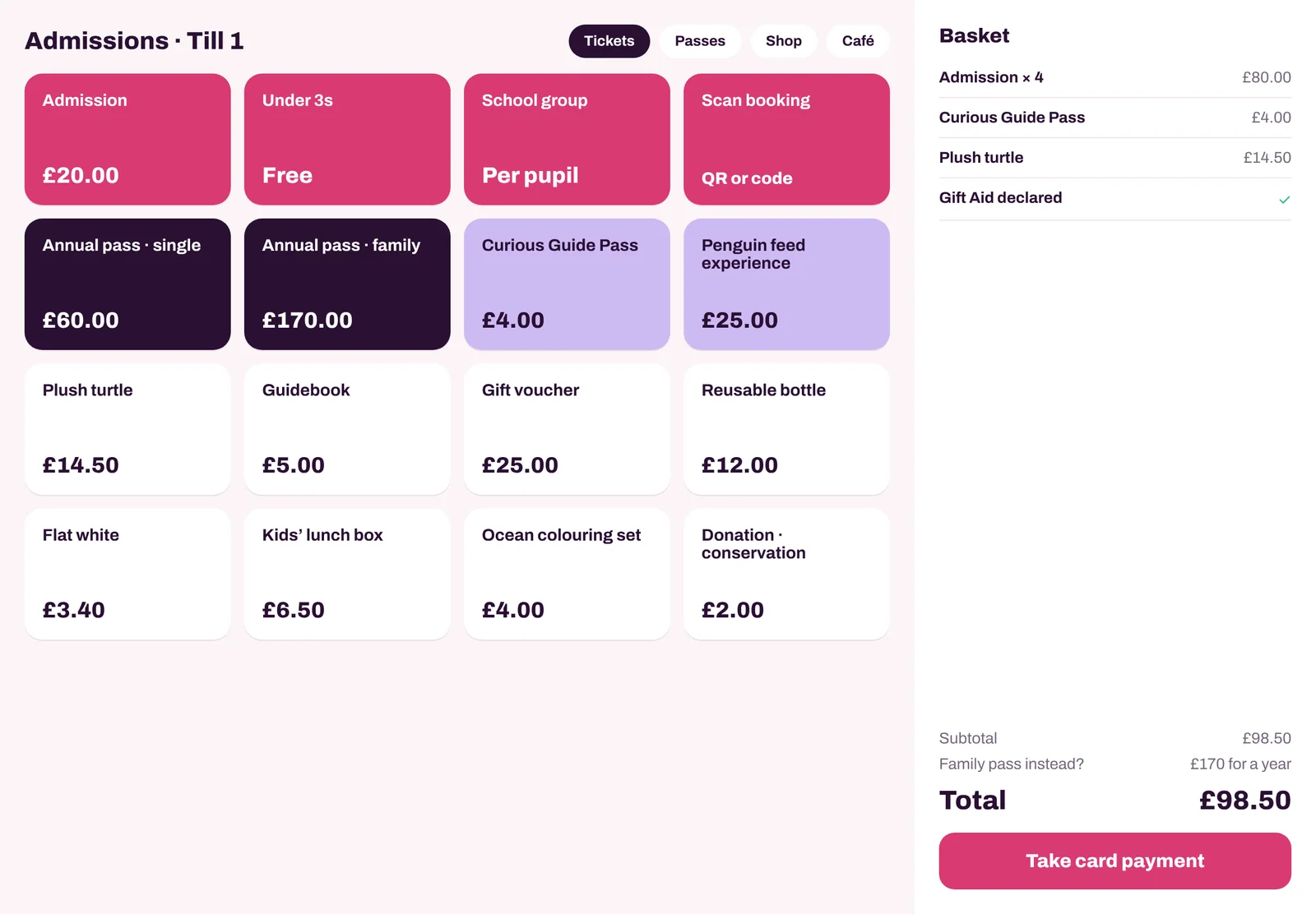 The Frontdesk till with tickets, shop items and an order summary